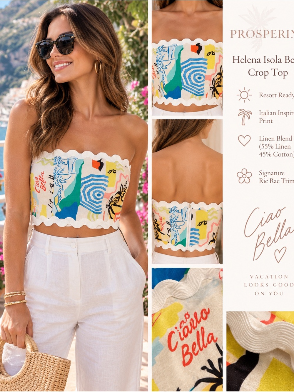 Prosperina Helena Isola Bella Linen Crop Top Ric Rac NWT L